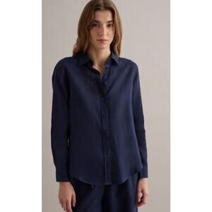 Piombo Pure Linen Navy Blue Button Up Blouse Shirt Long Sleeve Women's Sz XXL
